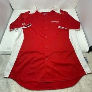 Majestic Budweiser Baseball Jersey Men L Red‎ White Cool Base Anheuser Busch Top
